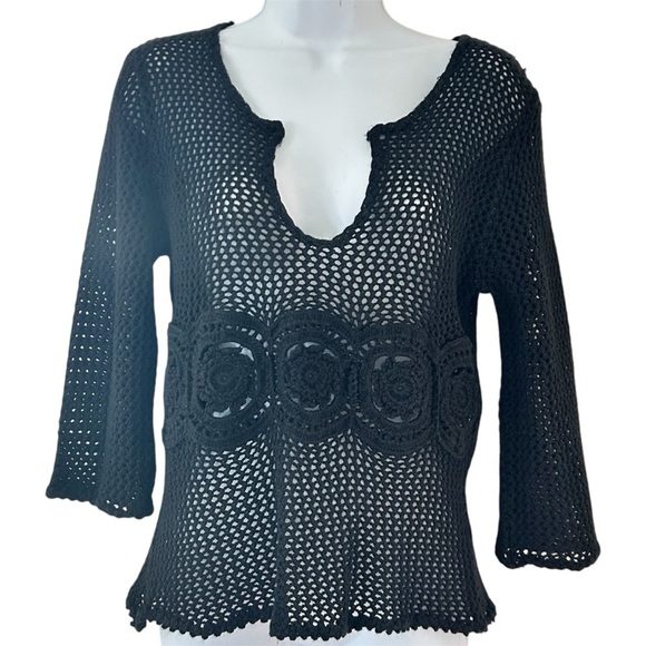 SMOOCHES Y2K Open Knit Fishnet Black Sweater Top Size S Whimsigoth Boho - Picture 1 of 8